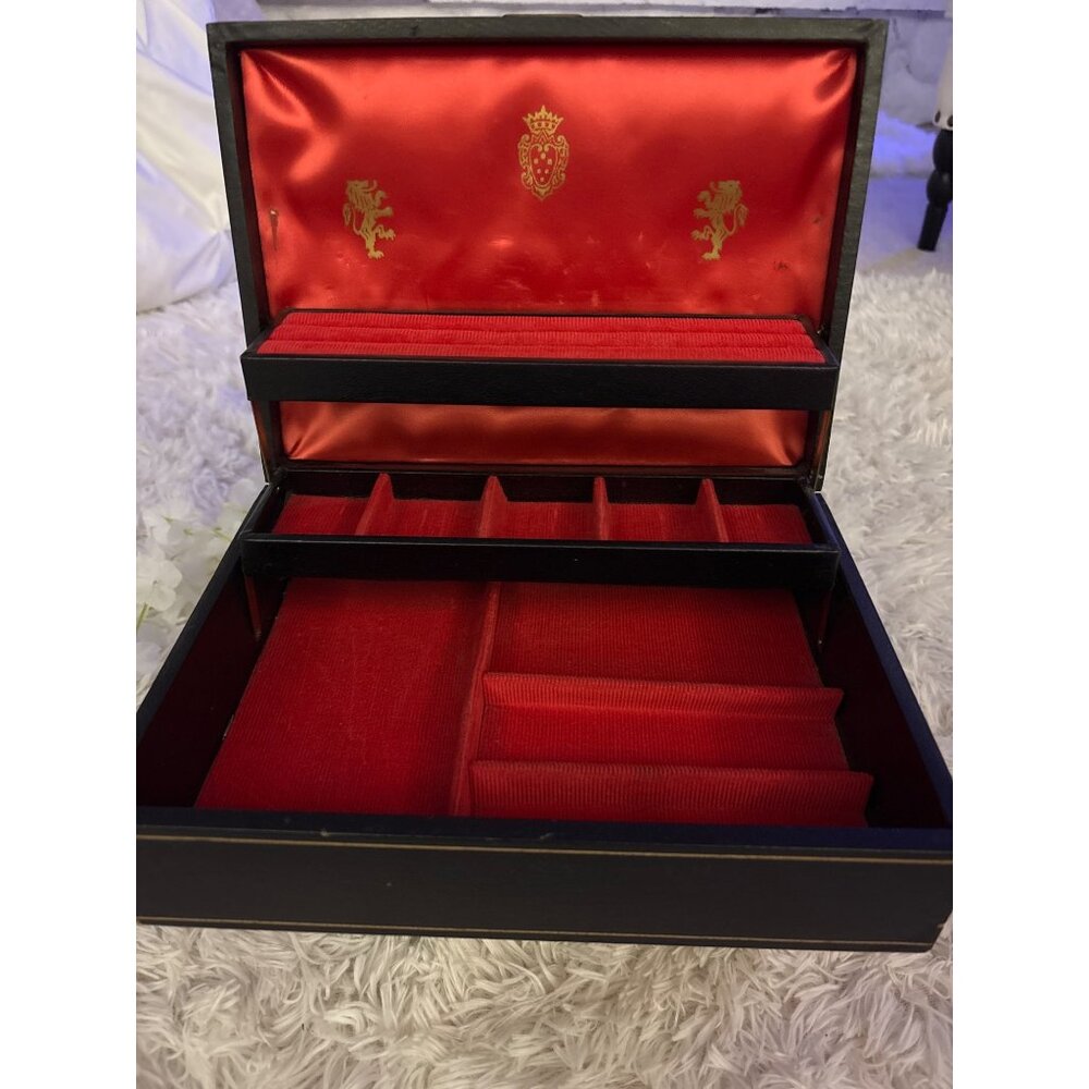 Vintage Black Jewelry Box With Red Satin Interior Gold Crest & Lion Emblem